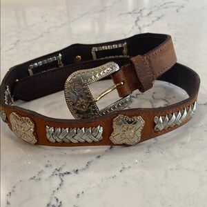 Brown Leather Western Belt with Silver Accents